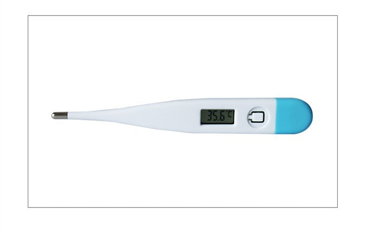 Digital thermometer with a white body and blue tip on a white background
