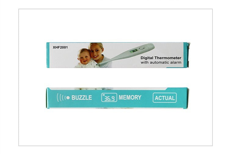 Digital thermometer packaging with a woman and child on the label