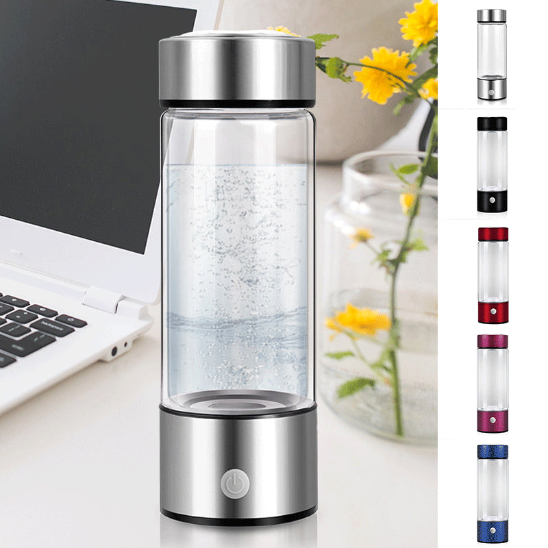 HydraPure™ Hydrogen Water Bottle cover image on a desk next to a laptop and flowers