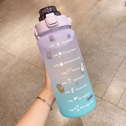 HydraTrack™ 2L Water Bottle with illustrations and text held by a hand on a tiled floor.